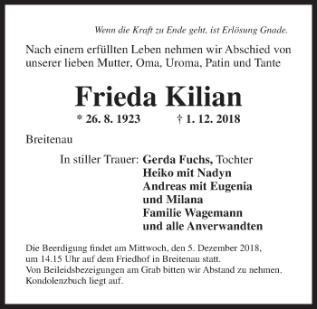 Traueranzeige von Frieda Kilian von Dinkelsbühl/ Feuchtwangen