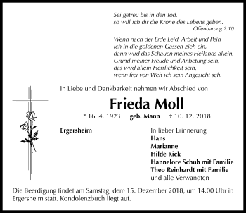 Traueranzeige von Frieda Moll von Neustadt/ Scheinfeld/ Uffenheim