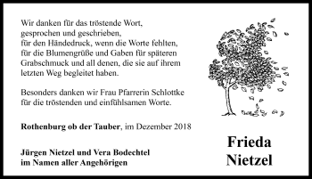 Traueranzeige von Frieda Nietzel von Rothenburg