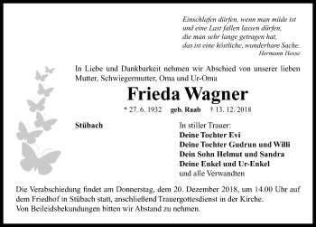 Traueranzeige von Frieda Wagner von Neustadt/ Scheinfeld/ Uffenheim