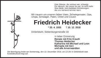Traueranzeige von Friedrich Heidecker von Dinkelsbuhl/ Feuchtwangen
