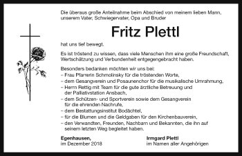 Traueranzeige von Fritz Plettl von Ansbach