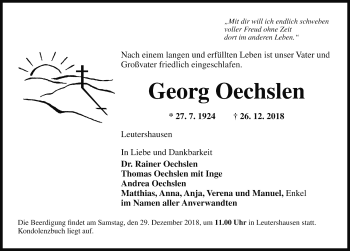 Traueranzeige von Georg Oechslen von Rothenburg