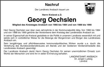Traueranzeige von Georg Oechslen von Rothenburg