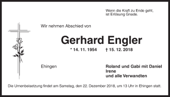 Traueranzeige von Gerhard Engler von Dinkelsbuhl/ Feuchtwangen