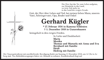 Traueranzeige von Gerhard Kügler von Dinkelsbühl/ Feuchtwangen