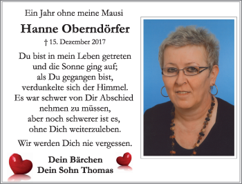Traueranzeige von Hanne Oberndörfer von Rothenburg