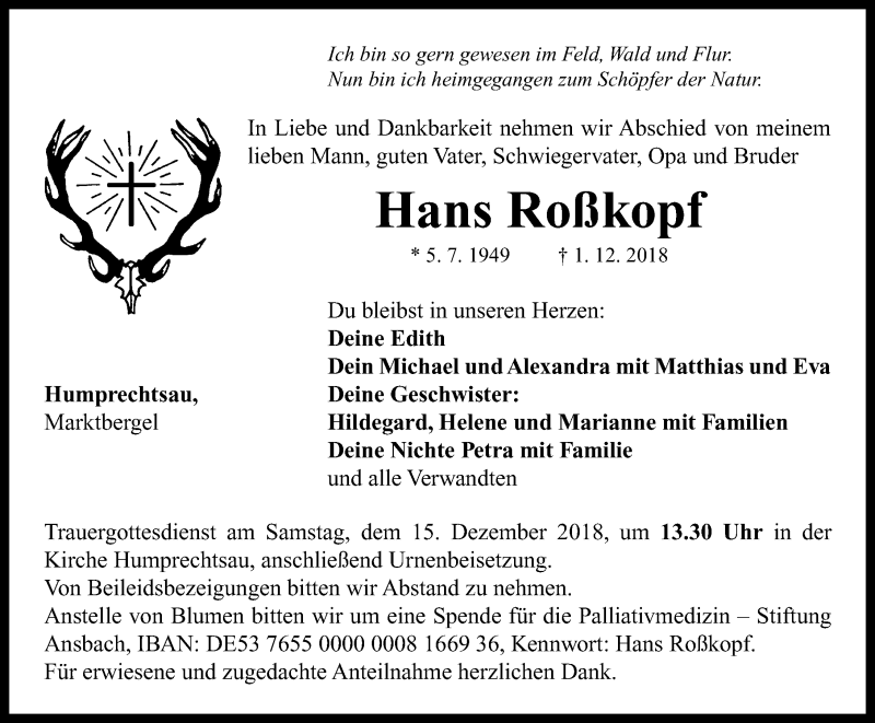  Traueranzeige für Hans Roßkopf vom 11.12.2018 aus Neustadt/ Scheinfeld/ Uffenheim