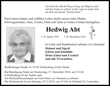 Traueranzeige von Hedwig Abt von Rothenburg