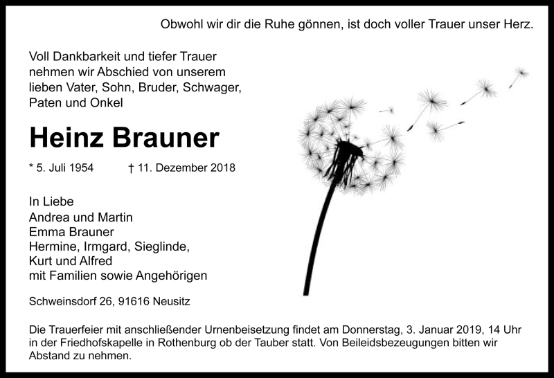  Traueranzeige für Heinz Brauner vom 29.12.2018 aus Rothenburg