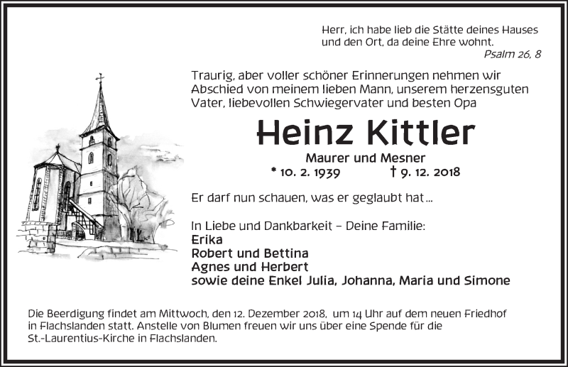  Traueranzeige für Heinz Kittler vom 11.12.2018 aus Ansbach