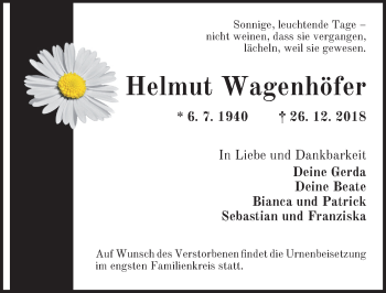 Traueranzeige von Helmut Wagenhöfer von Ansbach