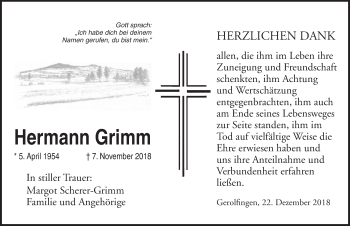 Traueranzeige von Hermann Grimm von Dinkelsbuhl/ Feuchtwangen