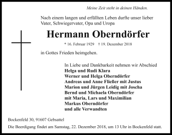 Traueranzeige von Hermann Oberndörfer von Rothenburg
