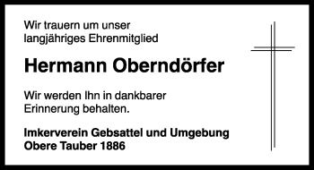 Traueranzeige von Hermann Oberndörfer von Rothenburg