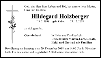 Traueranzeige von Hildegard Holzberger von Neustadt/ Scheinfeld/ Uffenheim