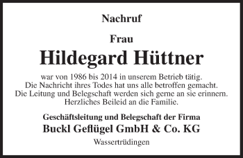 Traueranzeige von Hildegard Hüttner von Ansbach