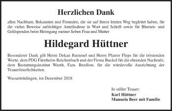 Traueranzeige von Hildegard Hüttner von Dinkelsbühl/ Feuchtwangen