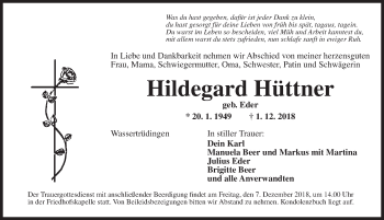 Traueranzeige von Hildegard Hüttner von Dinkelsbuhl/ Feuchtwangen