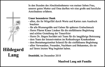 Traueranzeige von Hildegard Lang von Dinkelsbühl/ Feuchtwangen