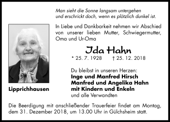 Traueranzeige von Ida Hahn von Neustadt/ Scheinfeld/ Uffenheim