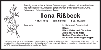 Traueranzeige von Ilona Rißbeck von Ansbach