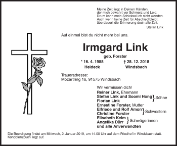 Traueranzeige von Irmgard Link von Ansbach