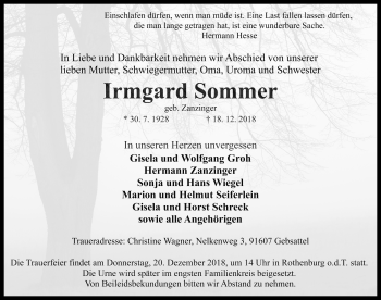 Traueranzeige von Irmgard Sommer von Rothenburg