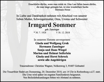 Traueranzeige von Irmgard Sommer von Ansbach