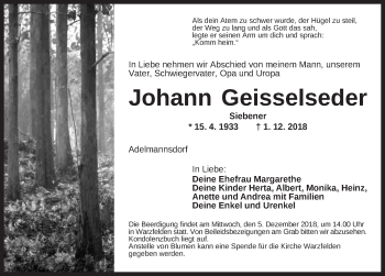 Traueranzeige von Johann Geisselseder von Ansbach