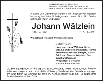 Traueranzeige von Johann Wälzlein von Ansbach