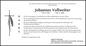 Traueranzeige von Johannes Vollweiter von Ansbach