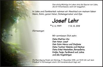 Traueranzeige von Josef Lehr von Dinkelsbühl/ Feuchtwangen