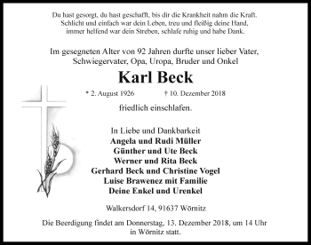 Traueranzeige von Karl Beck von Rothenburg