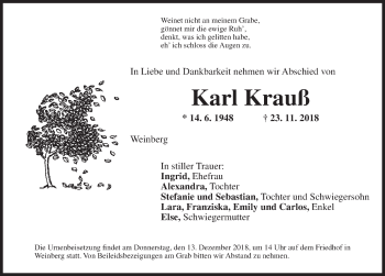 Traueranzeige von Karl Krauß von Dinkelsbühl/ Feuchtwangen