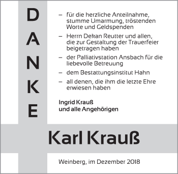 Traueranzeige von Karl Krauß von Dinkelsbuhl/ Feuchtwangen