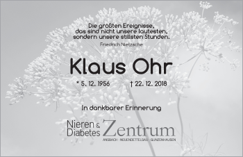 Traueranzeige von Klaus Ohr von Dinkelsbuhl/ Feuchtwangen