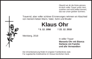 Traueranzeige von Klaus Ohr von Dinkelsbuhl/ Feuchtwangen