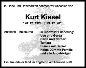 Traueranzeige von Kurt Kiesel von Ansbach