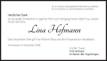 Traueranzeige von Lina Hofmann von Dinkelsbuhl/ Feuchtwangen