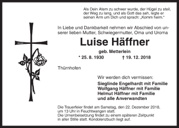 Traueranzeige von Luise Häffner von Dinkelsbuhl/ Feuchtwangen