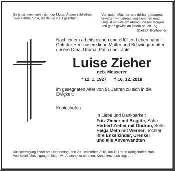 Traueranzeige von Luise Zieher von Dinkelsbuhl/ Feuchtwangen