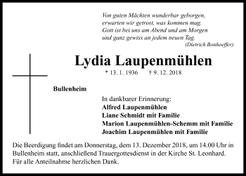 Traueranzeige von Lydia Laupenmühlen von Neustadt/ Scheinfeld/ Uffenheim