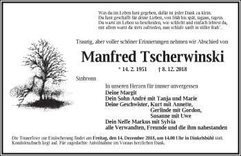 Traueranzeige von Manfred Tscherwinski von Dinkelsbuhl/ Feuchtwangen