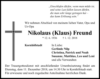 Traueranzeige von Nikolaus Freund von Neustadt/ Scheinfeld/ Uffenheim