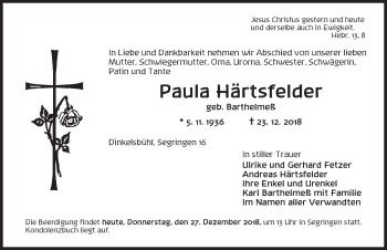 Traueranzeige von Paula Härtsfelder von Dinkelsbuhl/ Feuchtwangen