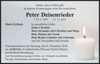 Traueranzeige von Peter Deisenrieder von Neustadt/ Scheinfeld/ Uffenheim