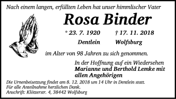 Traueranzeige von Rosa Binder von Dinkelsbuhl/ Feuchtwangen