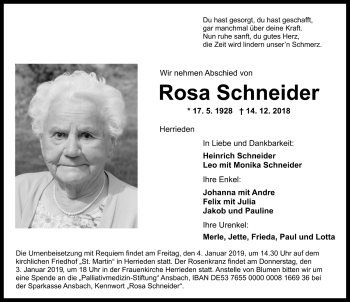 Traueranzeige von Rosa Schneider von Ansbach