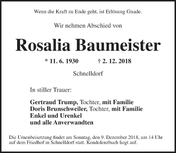 Traueranzeige von Rosalia Baumeister von Dinkelsbühl/ Feuchtwangen